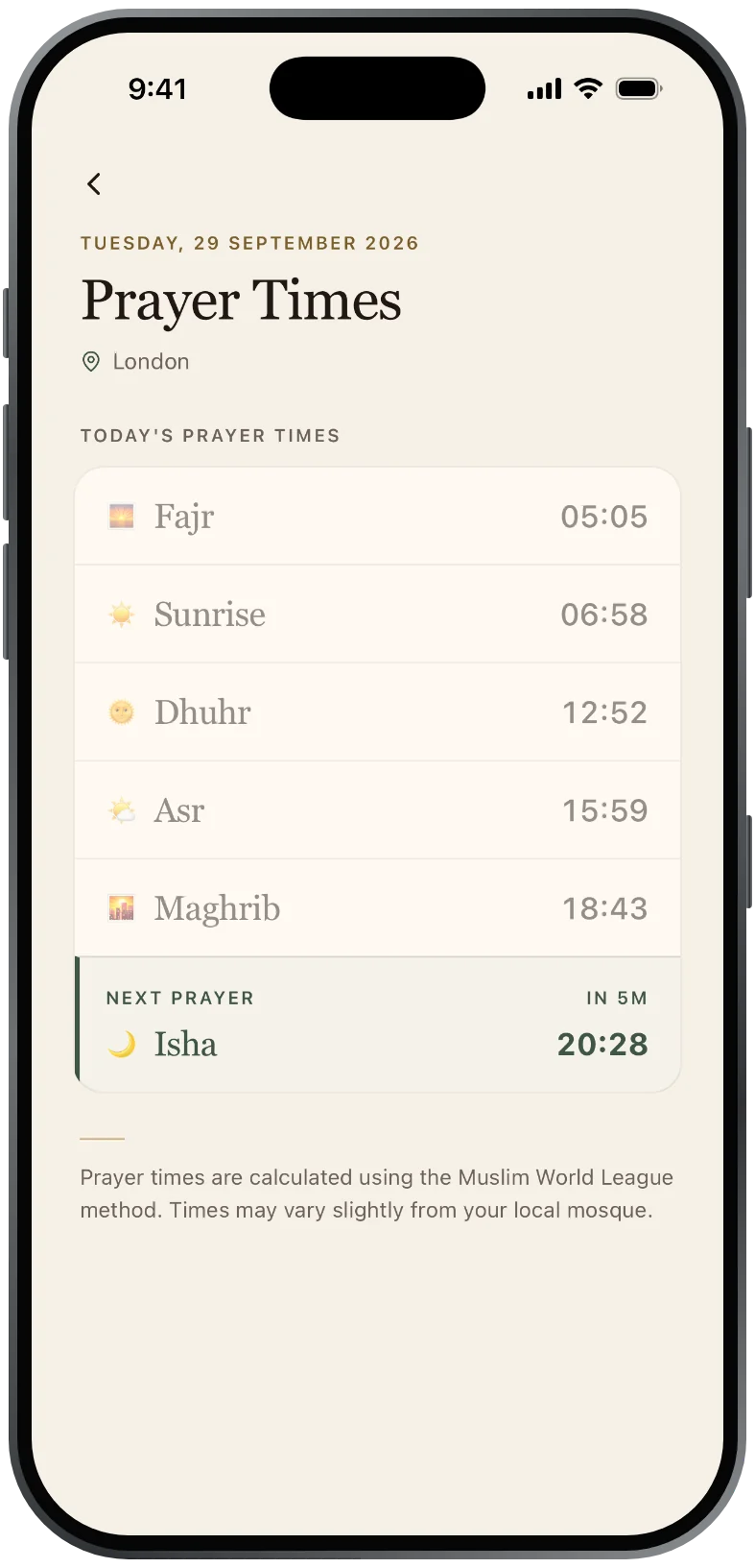 Prayer times for the day